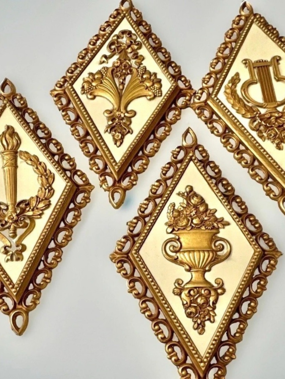 Vintage 1971 Homco Gold Diamond Wall Plaques Gold Finish Raised Relief 4pc